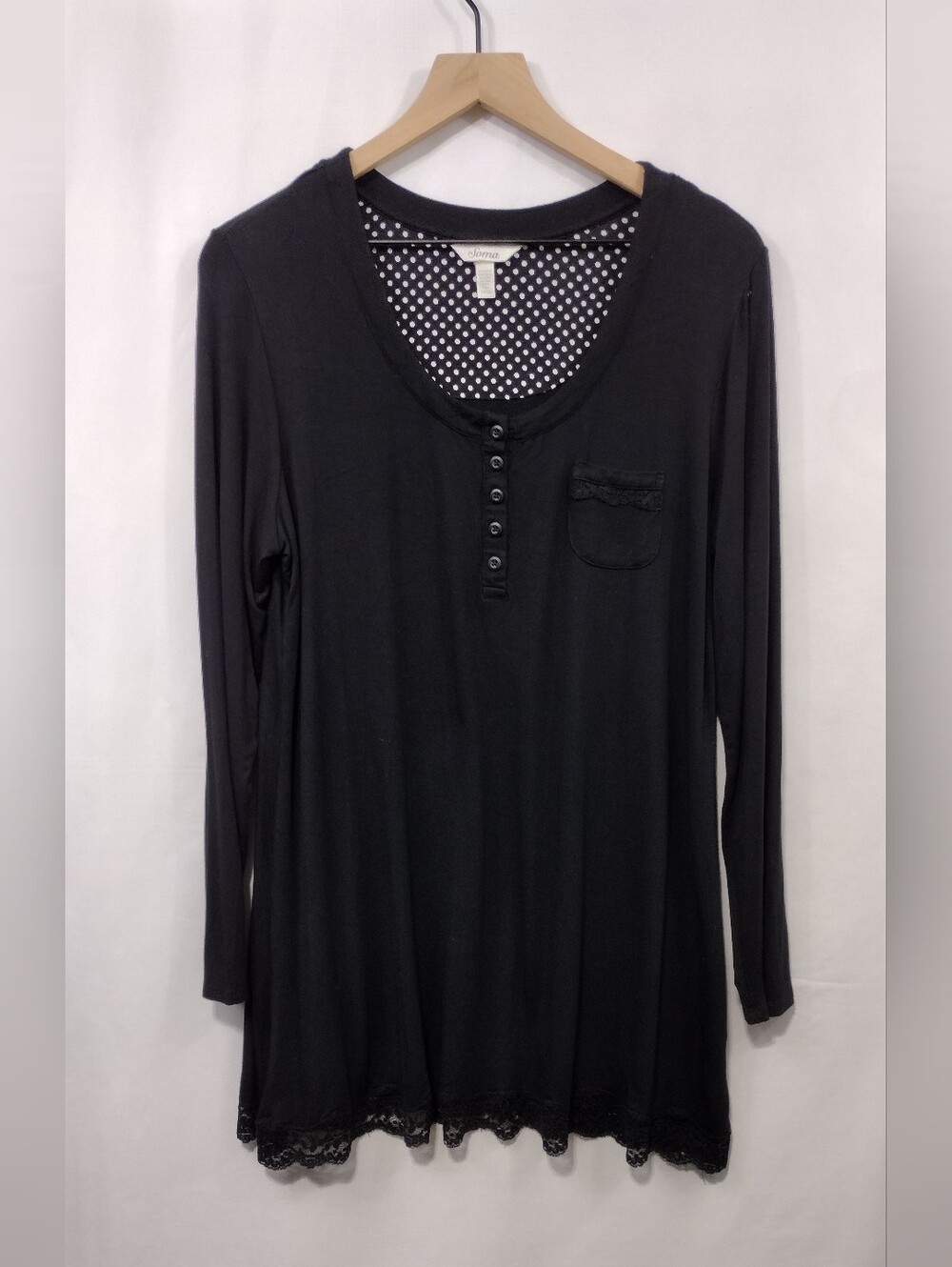 Soma Long Sleeve Scoop-Neck Henley with Lace Trim Womens L Black Soft Cozy Comfy